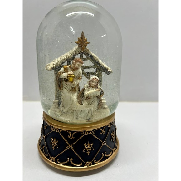 Glass Musical Snow Globe Christmas Glittery Nativity Scene Gold and White - Picture 1 of 4